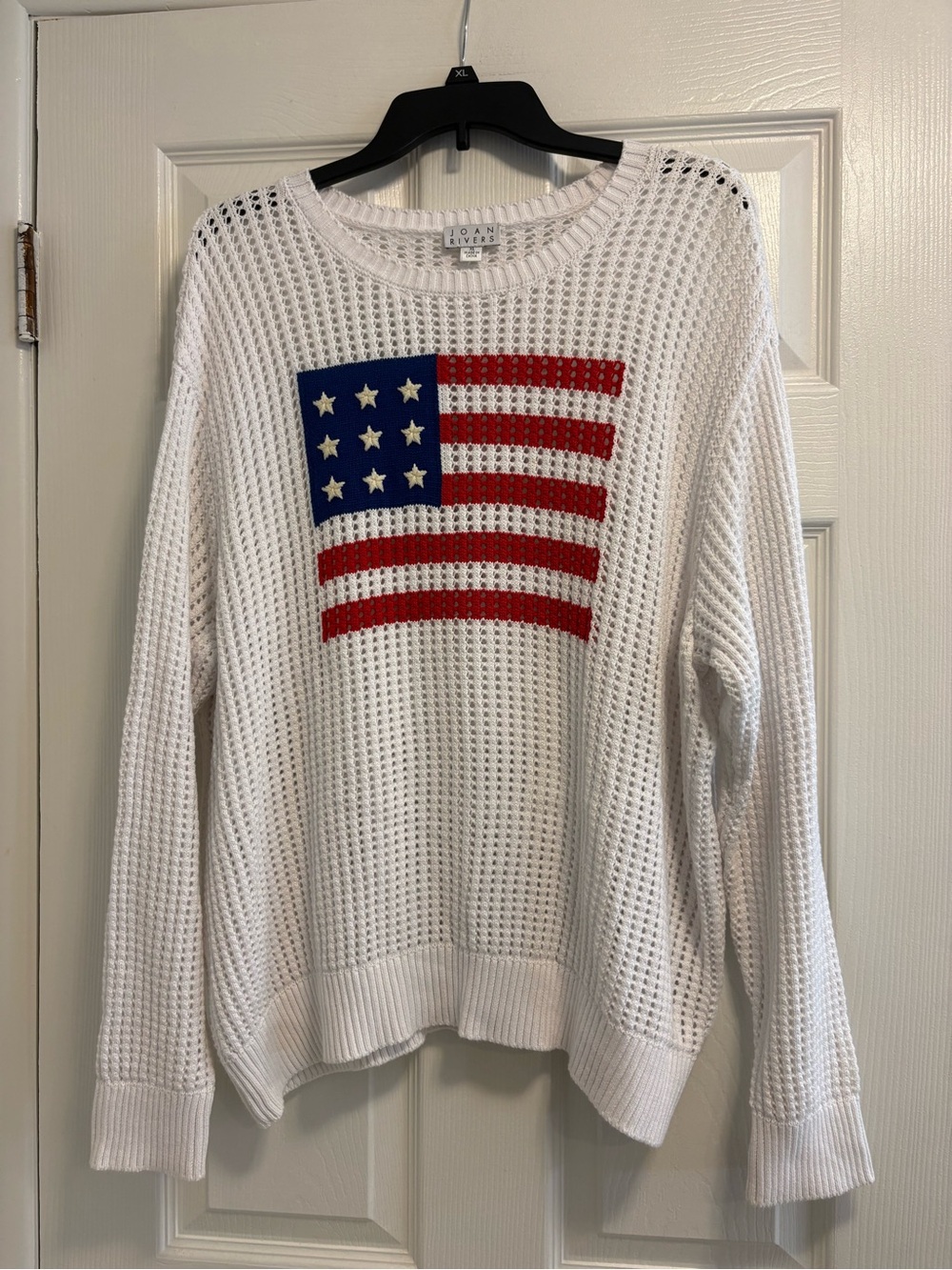 Joan Rivers White Open-Weave Sweater with Red & Blue Flag Womens XL